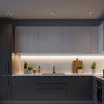 A photograph of a modern kitchen showcasing sleek recessed lighting fixtures that illuminate the space effectively