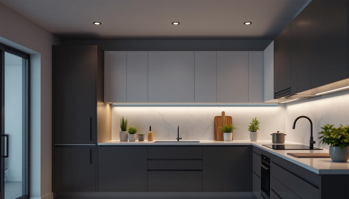 A photograph of a modern kitchen showcasing sleek recessed lighting fixtures that illuminate the space effectively