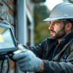A photograph of a lighting contractor in action