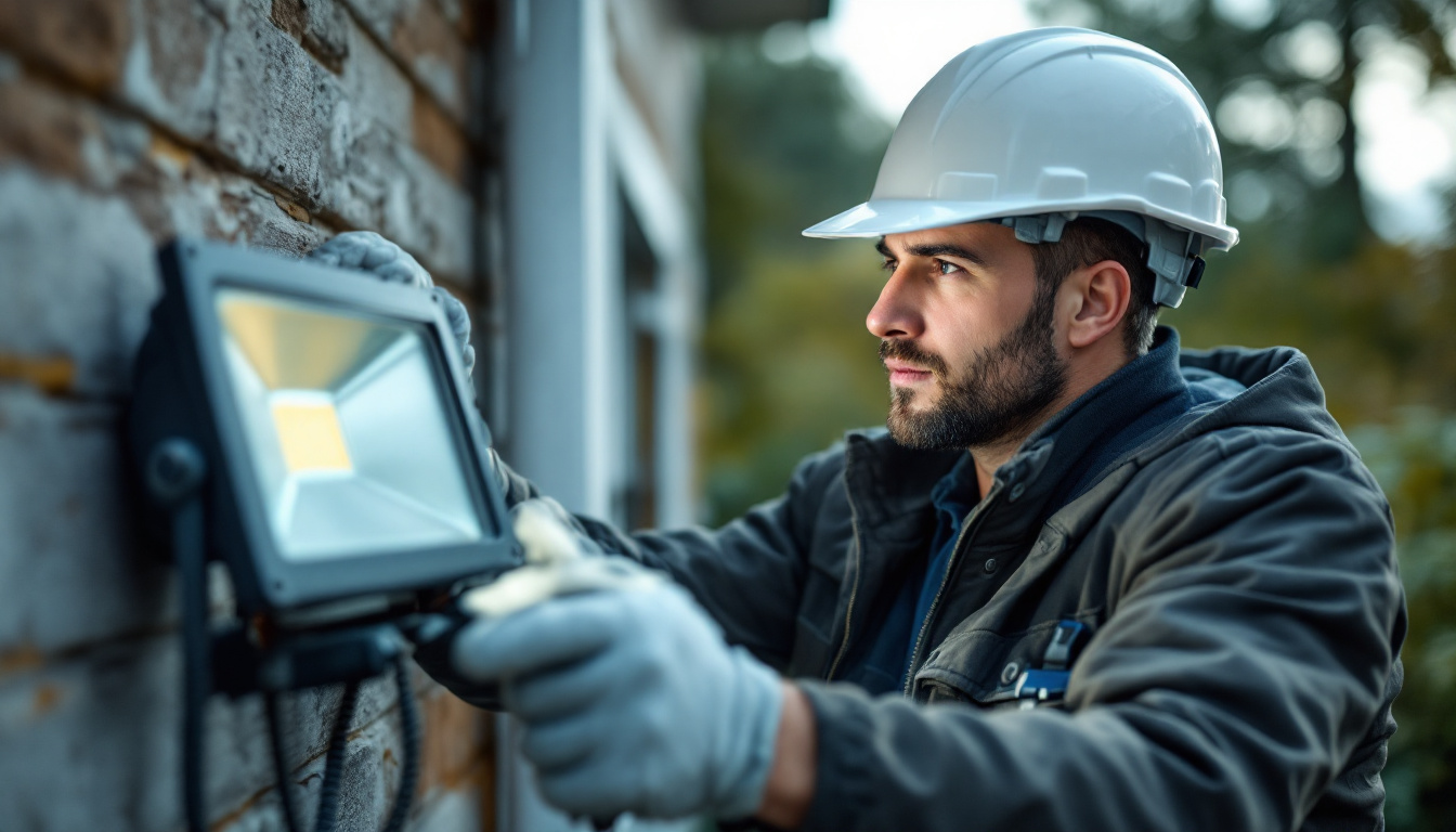 A photograph of a lighting contractor in action