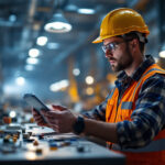A photograph of a lighting contractor inspecting a well-lit industrial workspace