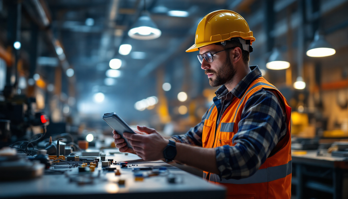 A photograph of a lighting contractor inspecting a well-lit industrial workspace