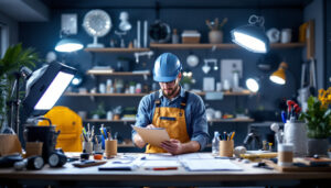 A photograph of a well-organized workspace showcasing a variety of lighting fixtures