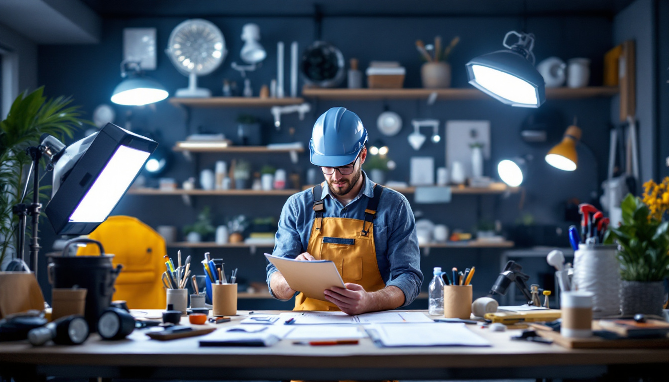 A photograph of a well-organized workspace showcasing a variety of lighting fixtures