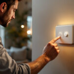 A photograph of a lighting contractor installing a modern switch timer in a stylish home setting
