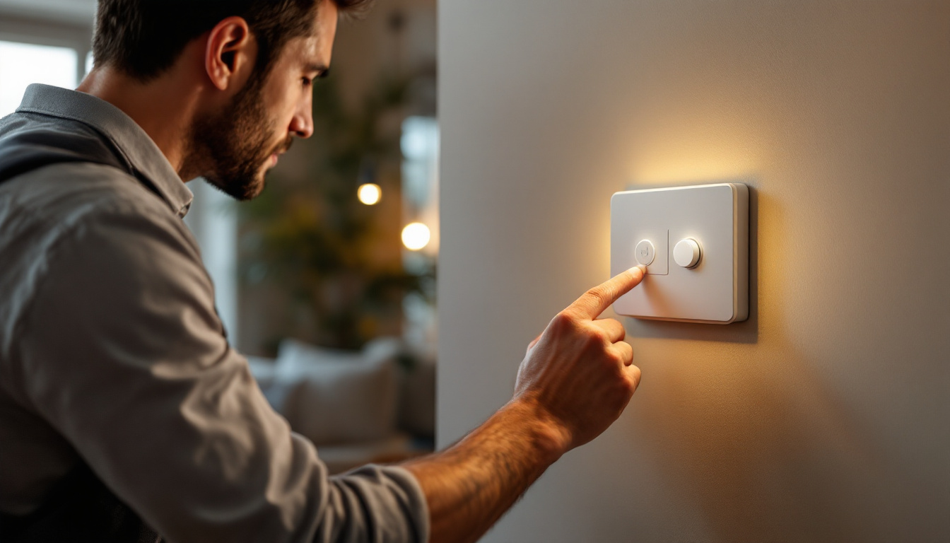 A photograph of a lighting contractor installing a modern switch timer in a stylish home setting