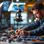 A photograph of a lighting contractor engaged in a hands-on installation or maintenance task