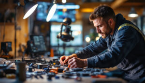 A photograph of a lighting contractor engaged in a hands-on installation or maintenance task