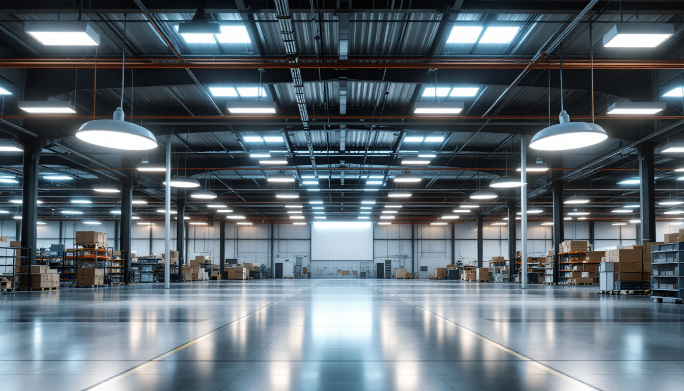 A photograph of a modern warehouse interior showcasing a variety of innovative lighting fixtures in use