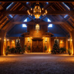 A photograph of a beautifully lit barn interior showcasing various led barn lights in use
