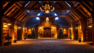 A photograph of a beautifully lit barn interior showcasing various led barn lights in use