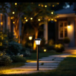 A photograph of capture a photograph of a well-lit outdoor space featuring various styles of exterior solar lights installed in a residential or commercial setting