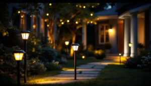 A photograph of capture a photograph of a well-lit outdoor space featuring various styles of exterior solar lights installed in a residential or commercial setting