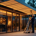 A photograph of a lighting contractor expertly installing a stylish canopy light in a modern outdoor setting
