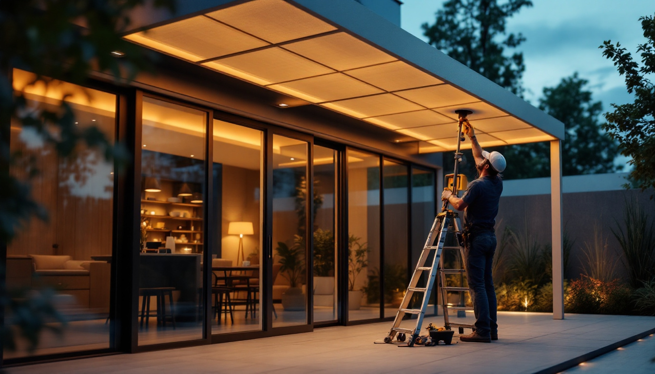 A photograph of a lighting contractor expertly installing a stylish canopy light in a modern outdoor setting