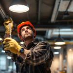 A photograph of a skilled lighting contractor in action