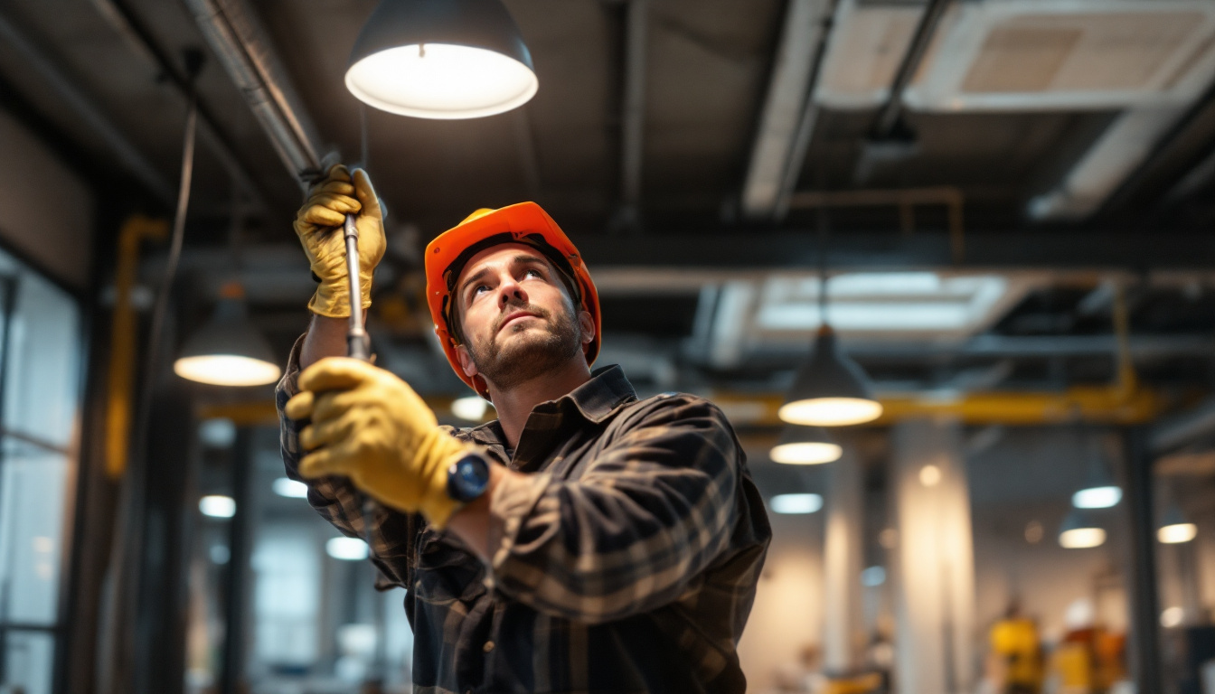 A photograph of a skilled lighting contractor in action