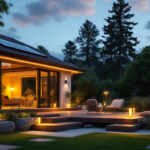 A photograph of a beautifully illuminated outdoor space featuring solar-powered house lights