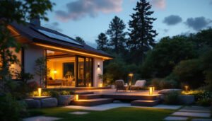 A photograph of a beautifully illuminated outdoor space featuring solar-powered house lights