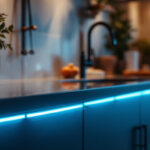 A photograph of a beautifully lit kitchen countertop featuring sleek under-counter lights