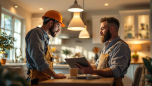 A photograph of a skilled lighting contractor inspecting a beautifully lit residential space