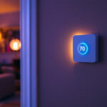 A photograph of a lighting contractor installing a timer switch in a stylishly designed home