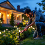 A photograph of capture a photograph of a skilled lighting contractor expertly installing a high-quality led landscape lighting kit in a beautifully landscaped outdoor setting