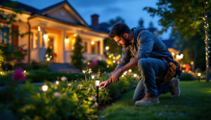A photograph of capture a photograph of a skilled lighting contractor expertly installing a high-quality led landscape lighting kit in a beautifully landscaped outdoor setting