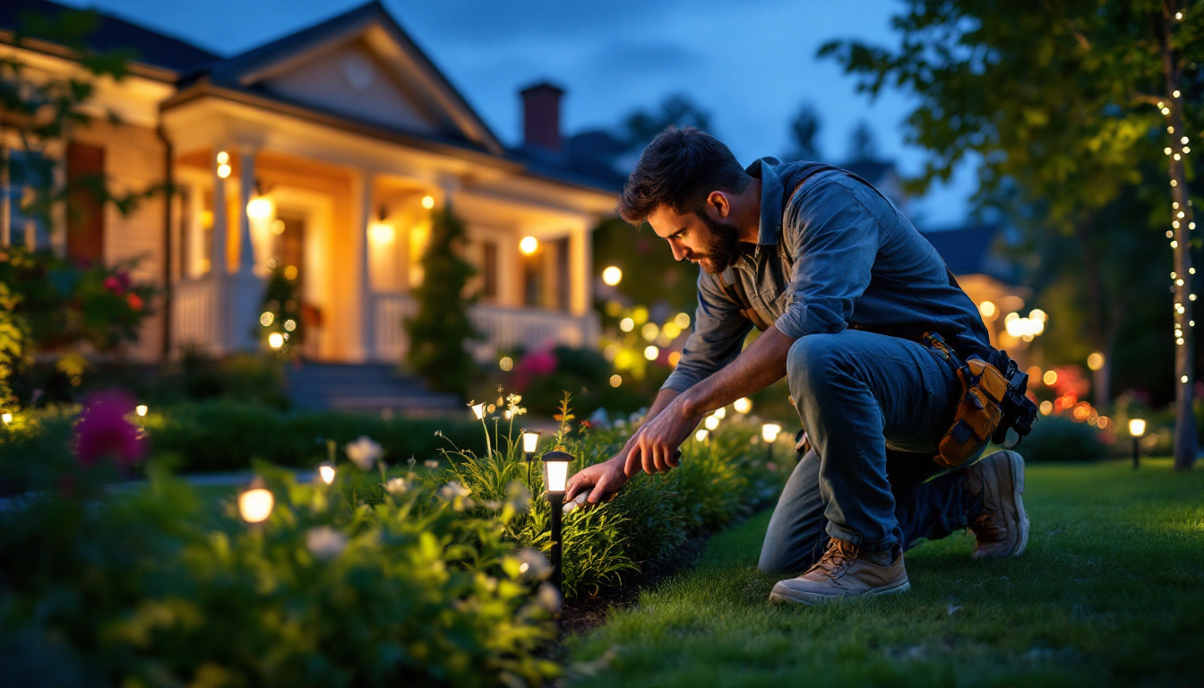 A photograph of capture a photograph of a skilled lighting contractor expertly installing a high-quality led landscape lighting kit in a beautifully landscaped outdoor setting
