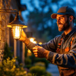A photograph of a professional landscape lighting contractor installing a high-quality