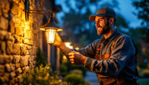 A photograph of a professional landscape lighting contractor installing a high-quality