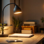 A photograph of a stylish goose neck light illuminating a cozy workspace or reading nook