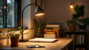 A photograph of a stylish goose neck light illuminating a cozy workspace or reading nook