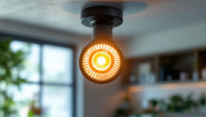 A photograph of a close-up shot of a 2-inch can light fixture with a gu10 bulb installed