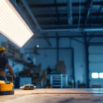 A photograph of a well-lit workshop or garage featuring a 4-foot led shop light fixture in use