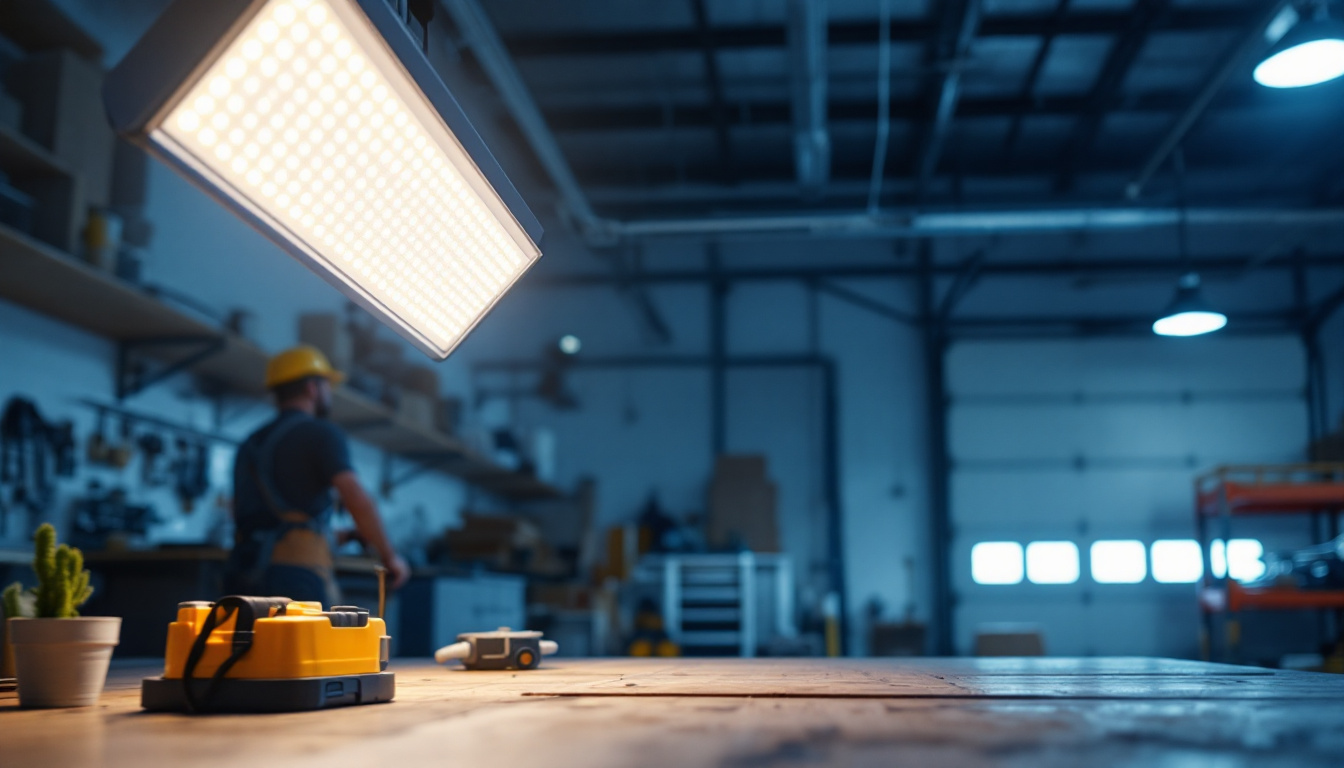 A photograph of a well-lit workshop or garage featuring a 4-foot led shop light fixture in use