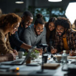 A photograph of a diverse team of professionals engaged in a hands-on training session