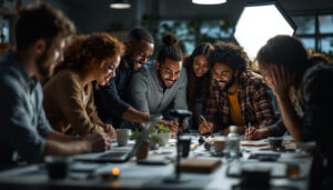 A photograph of a diverse team of professionals engaged in a hands-on training session