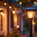 A photograph of a beautifully designed solar lamp post illuminating a charming outdoor setting