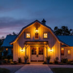 A photograph of a beautifully illuminated barn at dusk