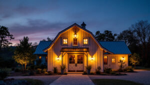 A photograph of a beautifully illuminated barn at dusk