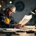 A photograph of a lighting contractor analyzing a lighting design plan