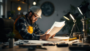 A photograph of a lighting contractor analyzing a lighting design plan