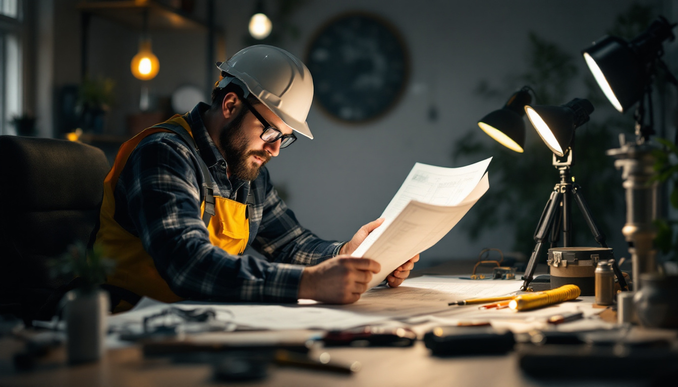 A photograph of a lighting contractor analyzing a lighting design plan