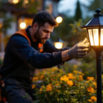 A photograph of a solar lantern light post illuminating a beautifully landscaped outdoor space