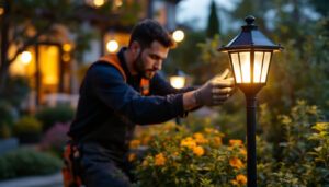 A photograph of a solar lantern light post illuminating a beautifully landscaped outdoor space