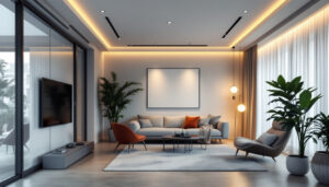 A photograph of a modern interior space showcasing recessed led ceiling lights in various settings
