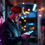 A photograph of capture a photograph of a lighting contractor in action