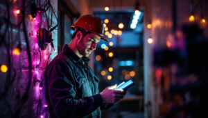 A photograph of capture a photograph of a lighting contractor in action