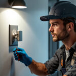A photograph of a skilled lighting contractor installing or inspecting an electrical wall outlet in a modern residential setting